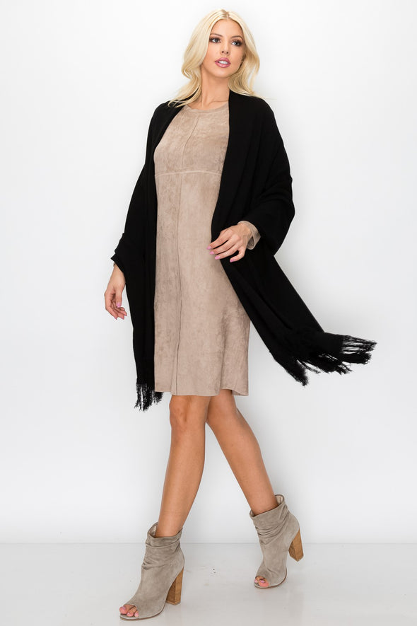 Full body side view of the Aurora Long Sleeve Suede Dress - Khaki