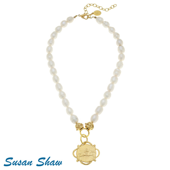 Flat view of the Susan Shaw Gold Horse Rider Pearl Necklace