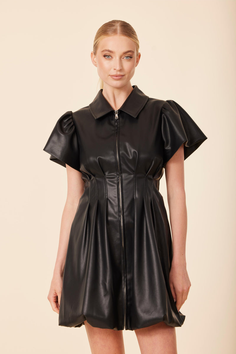 leather cap sleeve dress Faux Zip Bubble Black / S Retro Collection
