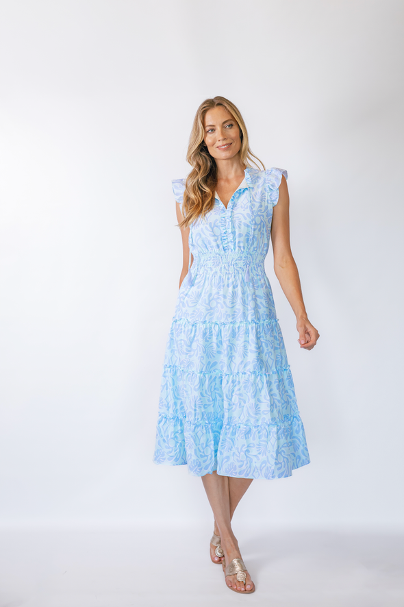 Front view of the Sail to Sable Flutter Sleeve Midi Dress - Beach Splash