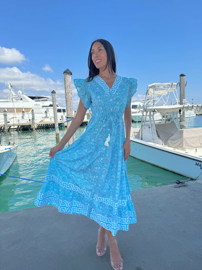 Model in a marina wearing the Islapayal Amalfi Maxi Dress - Hellenic Tiffany