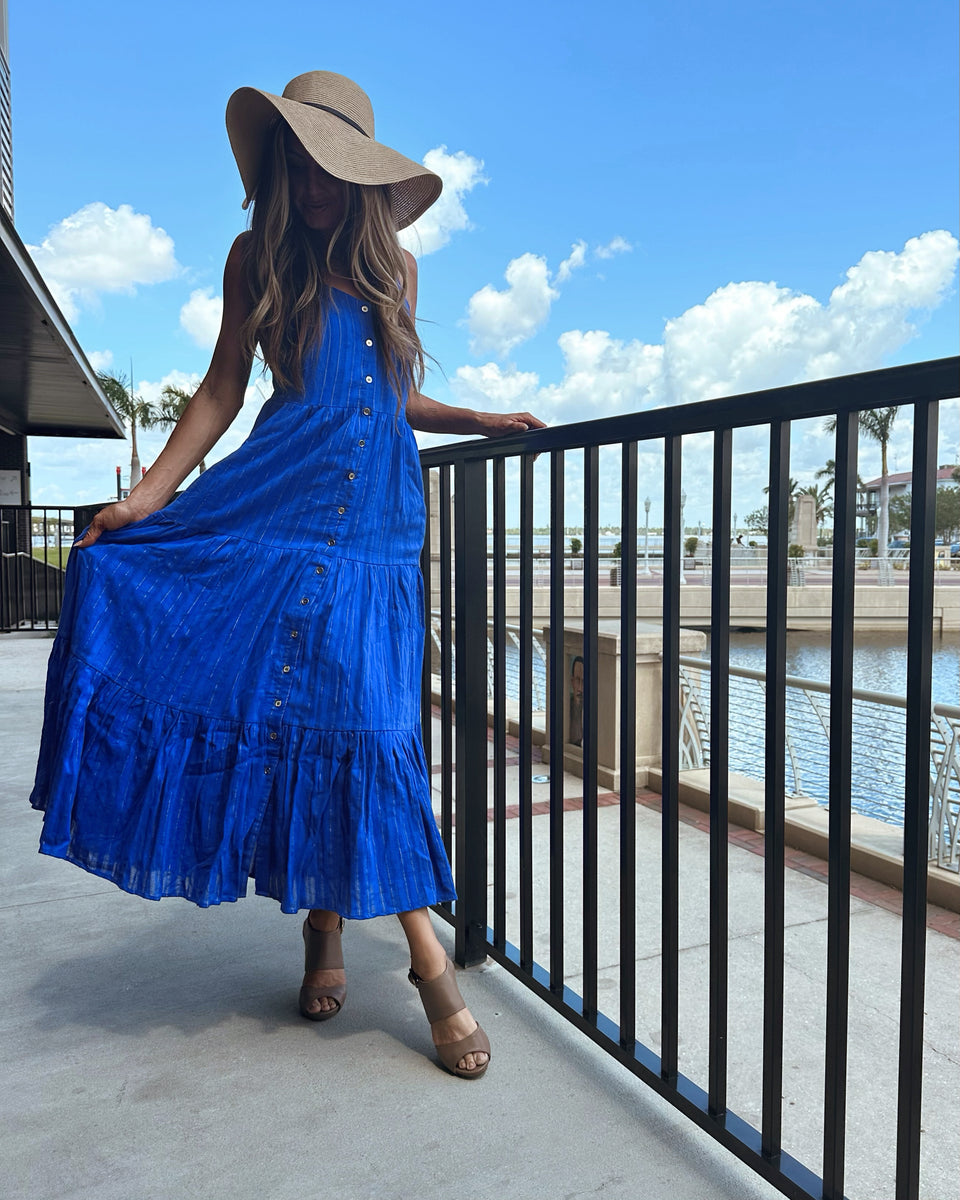 Duffield Lane Duxbury Midi Dress in Bright Blue Metallic Dresses