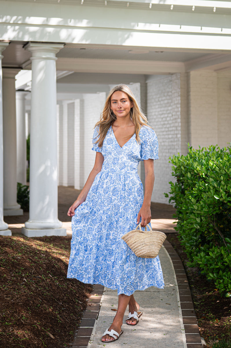 Sail To Sable Puff Sleeve Eyelet Midi Dress