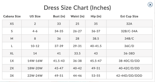 Size chart for the Cabana Life Palm Valley Sleeveless Tunic Dress