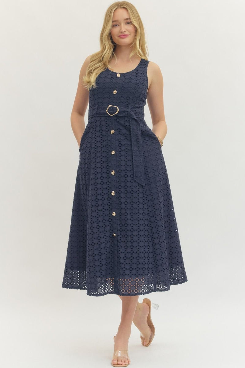 The Livia Eyelet Belted Midi Dress L / Navy The Livia Eyelet Belted Midi Dress L / Navy