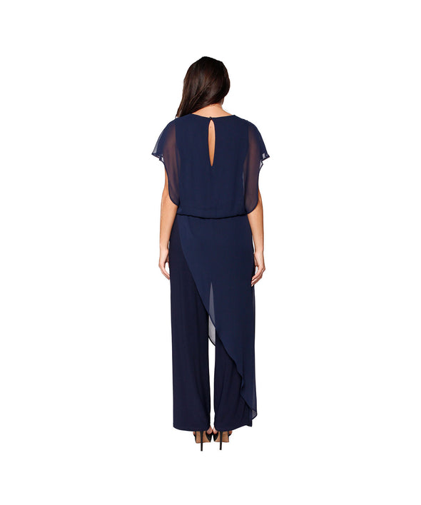 Back view of the Last Tango Jumpsuit With Chiffon Overlay - Navy
