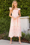 Front View of Charleston Midi Dress in Pink Eyelet Lace