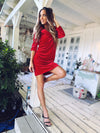 Outdoor model in the Gretchen Scott Ruff Neck Dress - Silky Velvet - Red