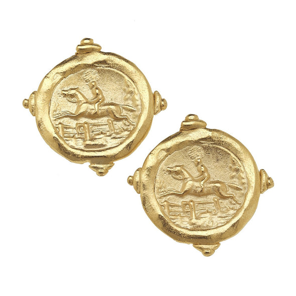 Flat view of the Susan Shaw Handcast Equestrian Intaglio Stud Earrings