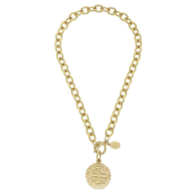 Flat view of the Susan Shaw Gold Coin Toggle Necklace