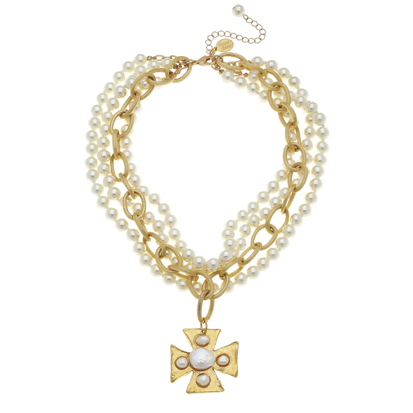 Flat view of the Susan Shaw Cotton Cross Multi-Strand Pearl Necklace