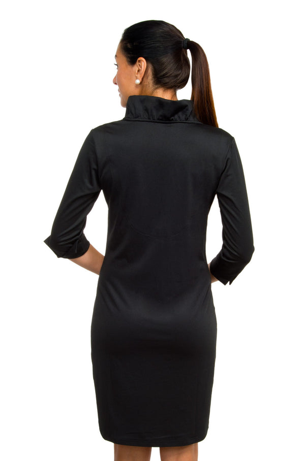 Back view of Gretchen Scott Ruff Neck Jersey Dress Solid Black
