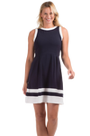 Smiling model in Duffield Lane Carroll Dress - Navy/White