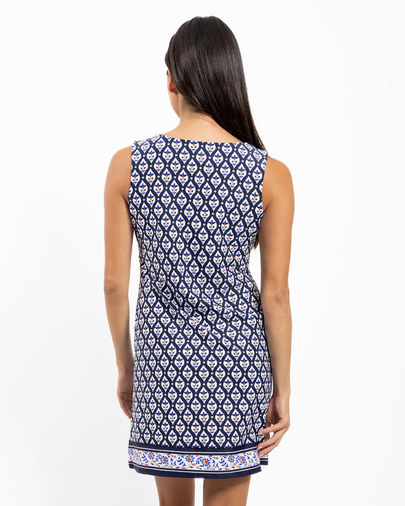 Back view of Jude Connally Carissa Dress in Daylily Woodblock Navy