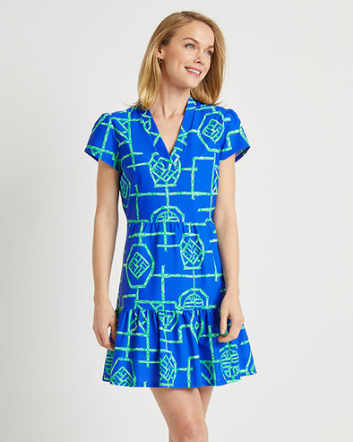 Front view of Jude Connally Ginger Dress in Bamboo Lattice Cobalt/Grass