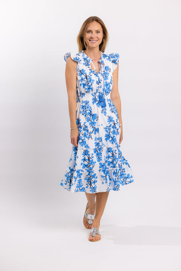 Full body view of Sail to Sable Flutter Sleeve Midi Dress - Blue Vines