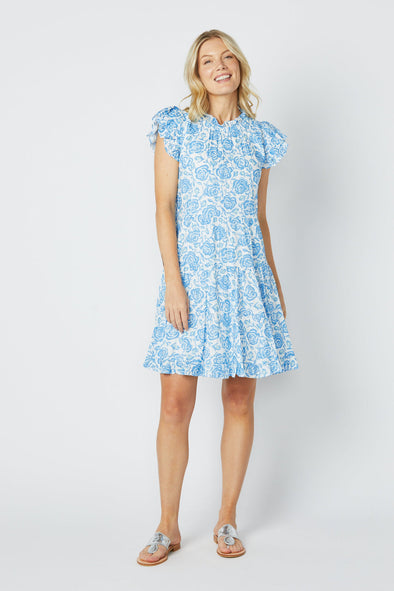 Full body view of Sail To Sable Ruffle Neck Dress - Blue Rose