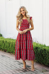 Outdoor model in the J. Marie Rayna Ruffle Strap Midi Dress - Red Mini Gingham