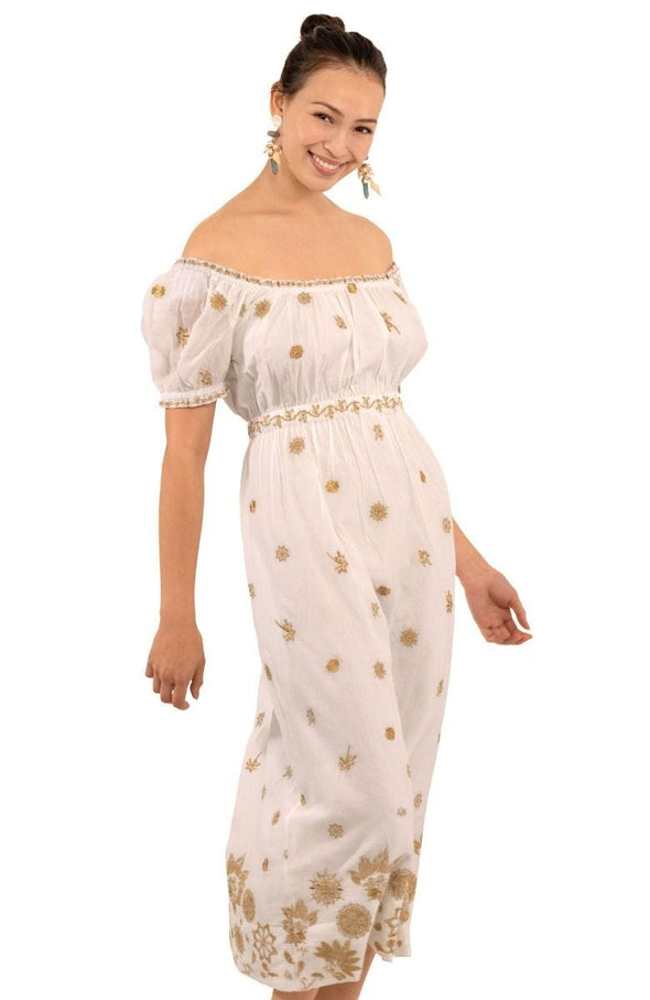 Cropped view of model in Gretchen Scott Big Love Maxi Dress in White/Gold