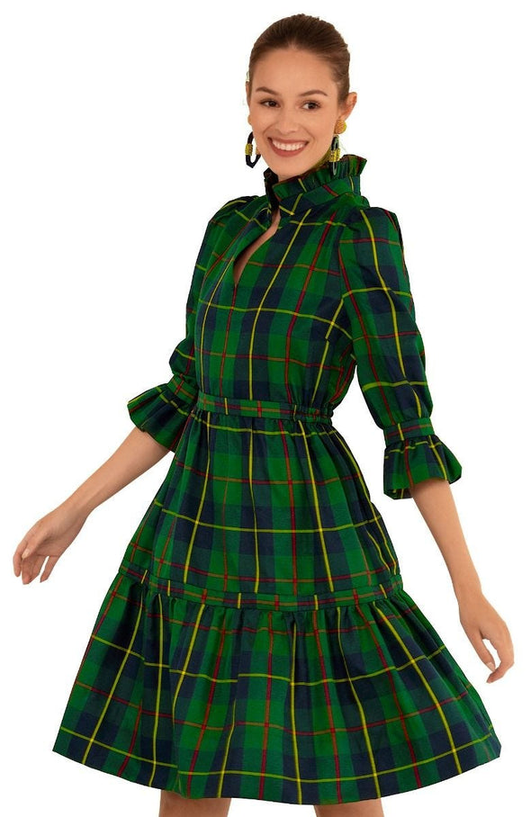 Model twirling in Gretchen Scott Teardrop Dress in Plaidly Cooper, Green Plaid