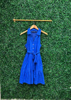 Hanging front view of Duffield Lane x Lucky Knot Exclusive Ann Dress - Bright Blue Metallic