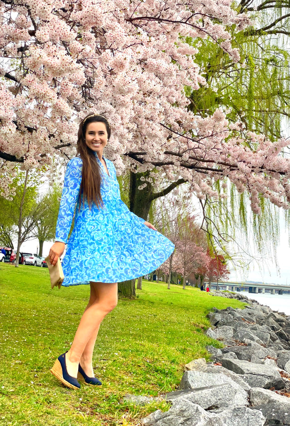 Twirling in Sail to Sable Long Sleeve Tunic Flare Dress - Blue Rose