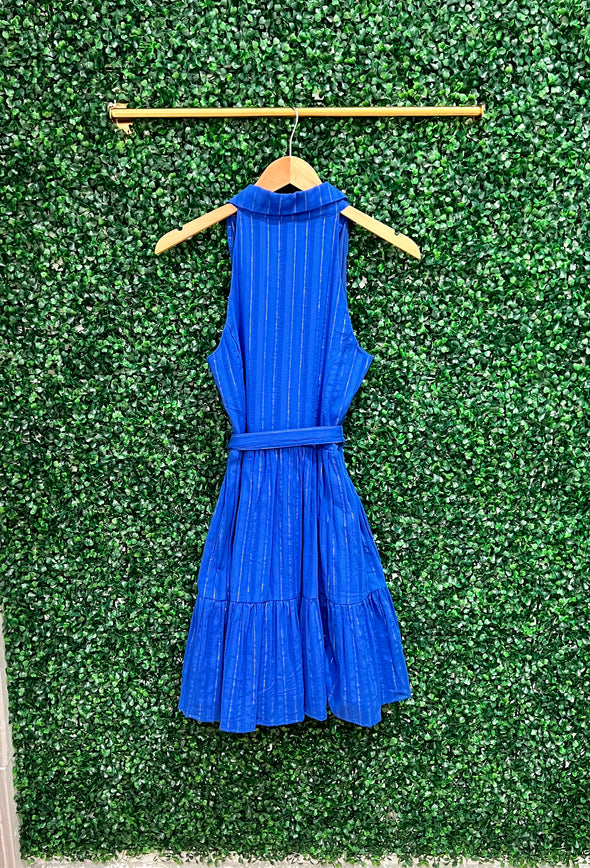 Hanging back view of the Duffield Lane x Lucky Knot Exclusive Ann Dress - Bright Blue Metallic