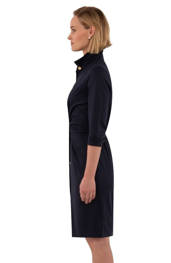 Side view of the Gretchen Scott Twist And Shout Dress - Solid - Navy