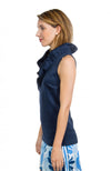 Side view of the Gretchen Scott Ruff Neck Sleeveless Jersey Top - Solid Navy