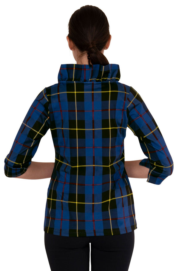 Back view of the Gretchen Scott Ruff Neck Top - Plaidly Cooper - Blue Plaid