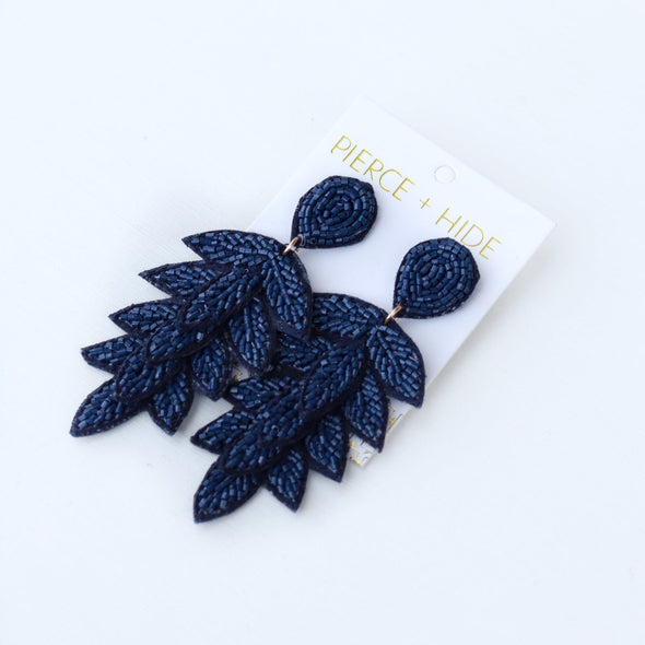 Beaded Tiered Leaf Earring - Navy