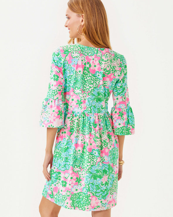 Back view of the Lilly Pulitzer Jannie V-Neck 3/4 Sleeve Dress - Multi - Plumes In Bloom. A mini dress with 3/4 bell sleeves 