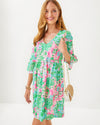 Front view of the Lilly Pulitzer Jannie V-Neck 3/4 Sleeve Dress - Multi - Plumes In Bloom. A mini dress with 3/4 bell sleeves 