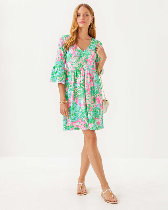 Full view of the Lilly Pulitzer Jannie V-Neck 3/4 Sleeve Dress - Multi - Plumes In Bloom. A mini dress with 3/4 bell sleeves 