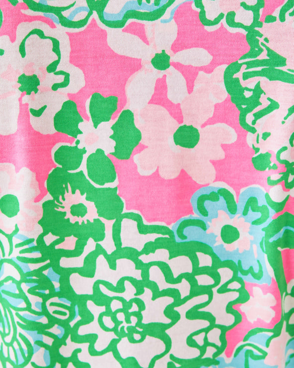 Fabric of the Lilly Pulitzer Jannie V-Neck 3/4 Sleeve Dress - Multi - Plumes In Bloom. A mini dress with 3/4 bell sleeves 