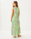 Back view of the Lilly Pulitzer Sydnee Maxi Dress - Fauna Green - Lime Feeling Good. A sleeveless maxi dress with a notched neckline in beautiful green and pink floral pattern