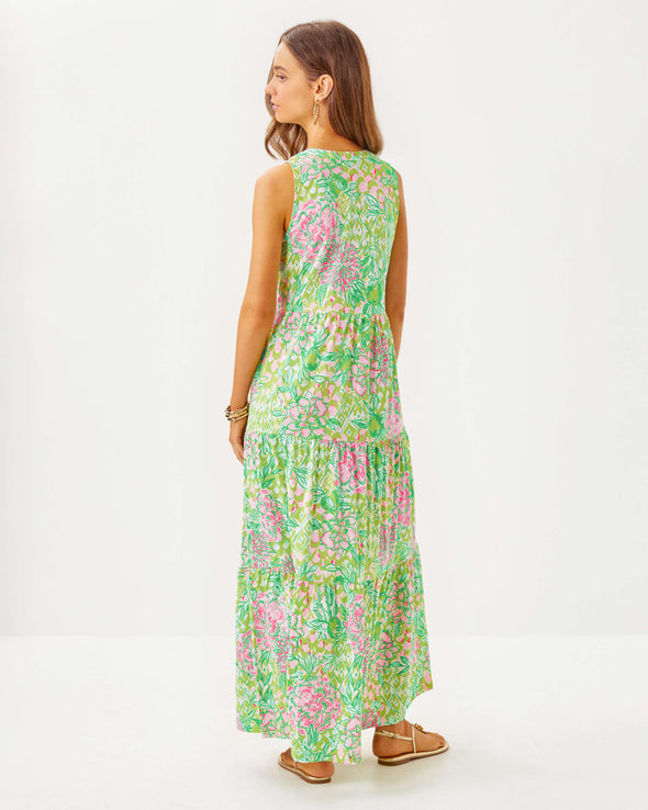 Back view of the Lilly Pulitzer Sydnee Maxi Dress - Fauna Green - Lime Feeling Good. A sleeveless maxi dress with a notched neckline in beautiful green and pink floral pattern