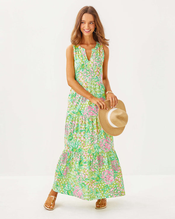 Full body view of the Lilly Pulitzer Sydnee Maxi Dress - Fauna Green - Lime Feeling Good. A sleeveless maxi dress with a notched neckline in beautiful green and pink floral pattern