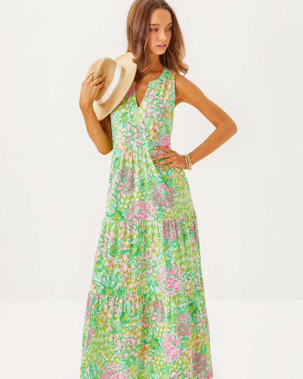 Full body view of the Lilly Pulitzer Sydnee Maxi Dress - Fauna Green - Lime Feeling Good. A sleeveless maxi dress with a notched neckline in beautiful green and pink floral pattern