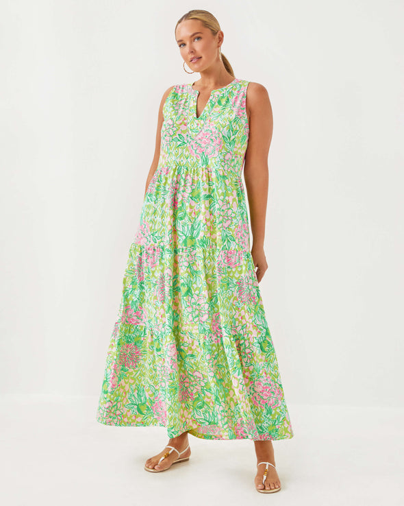 Lilly Pulitzer Sydnee Maxi Dress - Fauna Green - Lime Feeling Good. A sleeveless maxi dress with a notched neckline in beautiful green and pink floral pattern