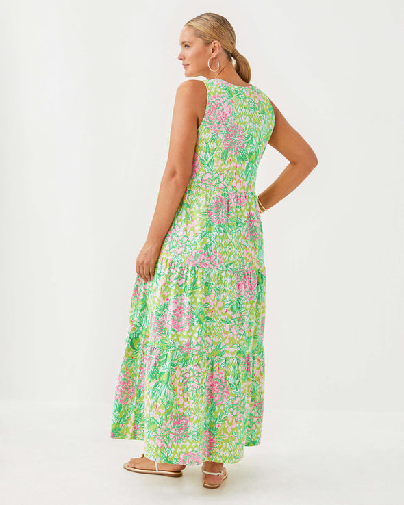 Back view of the Lilly Pulitzer Sydnee Maxi Dress - Fauna Green - Lime Feeling Good. A sleeveless maxi dress with a notched neckline in beautiful green and pink floral pattern