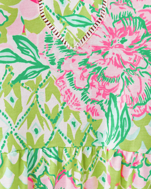 Fabric and pattern of the Lilly Pulitzer Sydnee Maxi Dress - Fauna Green - Lime Feeling Good. 