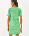 Back view of the Lilly Pulitzer Theodorah Sweater Dress - Fauna Green Metallic Marl. A mini dress with short sleeves, in a green and slightly metallic knit. 