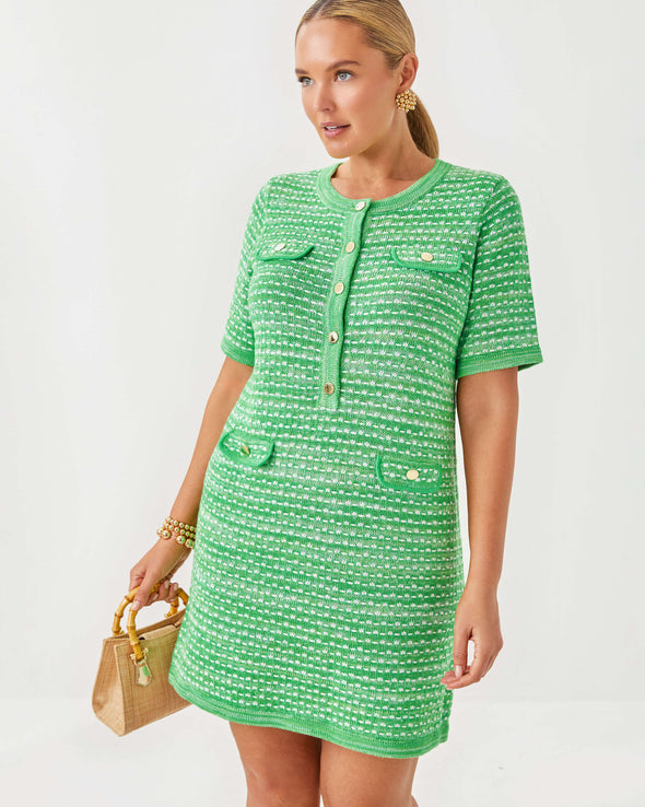 Front view of Lilly Pulitzer Theodorah Sweater Dress - Fauna Green Metallic Marl.