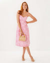 Full body view of the Lilly Pulitzer Allarie Midi Dress - Rousseau Pink - Tulip To Tango. A midi eyelet dress with spaghetti straps. 