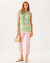 Full body view of the Lilly Pulitzer Sleeveless Elsa Top - Fauna Green - Lime Feeling Good. A sleeveless top with green and pink floral pattern, with ruching at the neck. 