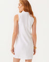 Back view of the Lilly Pulitzer Elsey Shift - Resort White - Leafy Knit Pucker Jacquard. A mini sleeveless dress with a ruffled collar and v neck