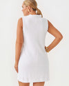 Back view of the Lilly Pulitzer Elsey Shift - Resort White - Leafy Knit Pucker Jacquard. A mini sleeveless dress with a ruffled collar and v neck