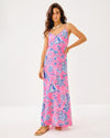 Model in the Lilly Pulitzer Verica Silk Maxi Dress - Rousseau Pink - Oversized Barefoot Beachcombers. A spaghetti strap, hot pink maxi dress with blue shell details 