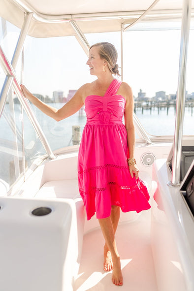 Full body front view of the Southern Frock Elle Midi Dress - Pink